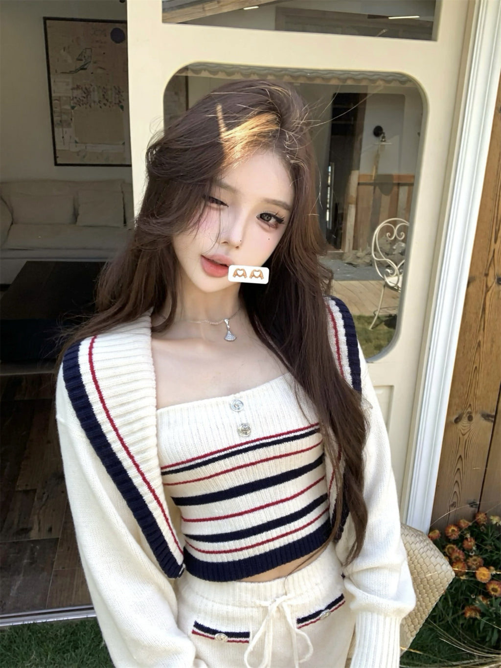 💕休閒慵懶條紋大翻領針織背心三件套
