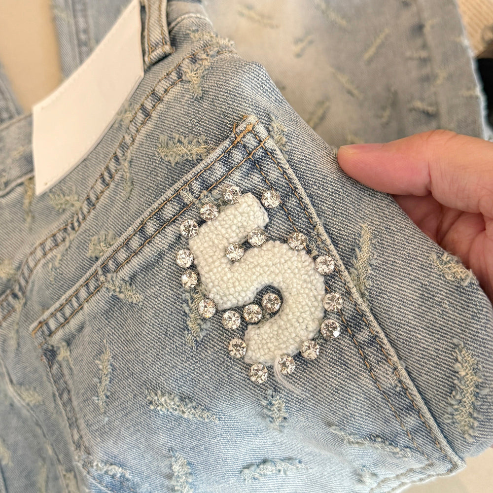 💕韓系刺繡燙鑽羽毛緹花直筒牛仔長褲