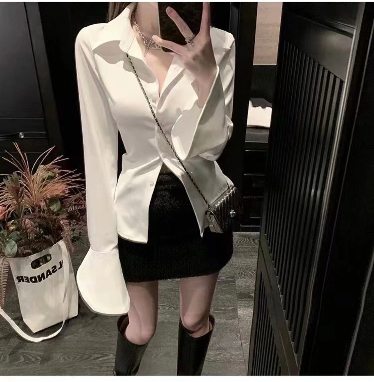 💕高級感西裝領長袖不規則褶皺襯衫