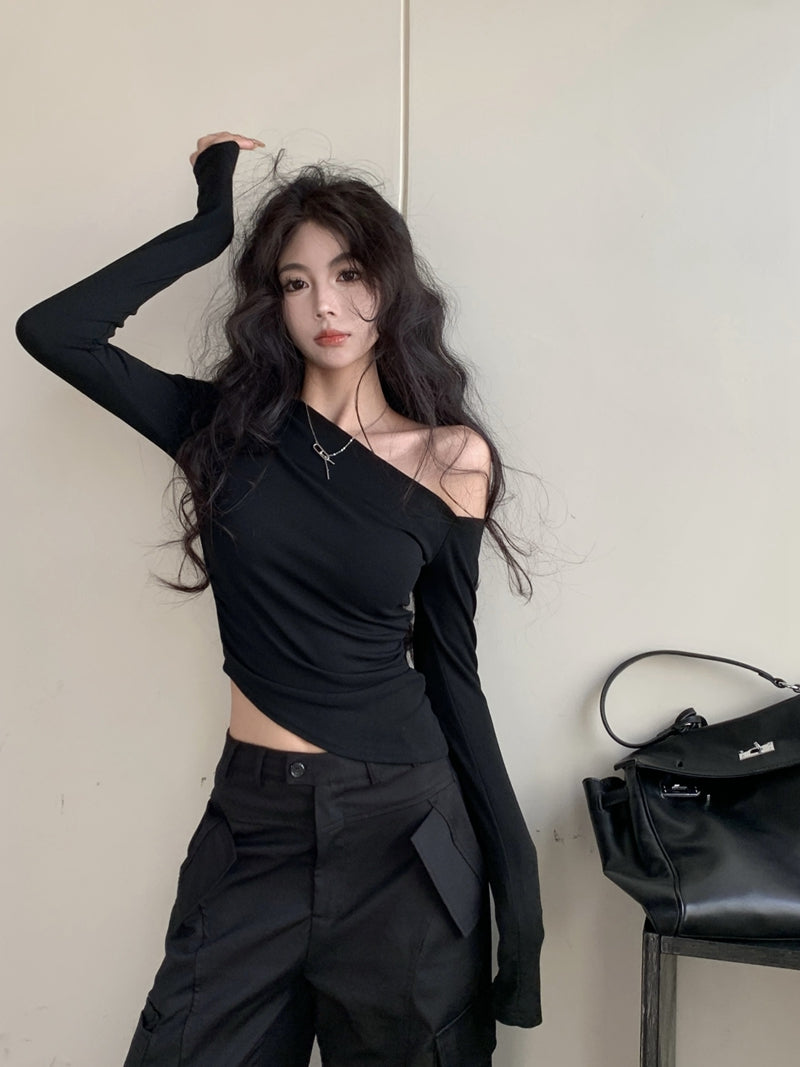 💕純欲性感不規則露肩黑色長袖斜肩上衣