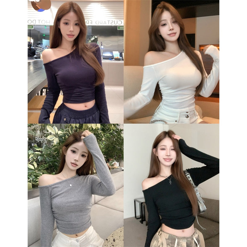 💕簡約通勤絕美基礎款斜肩磨毛上衣