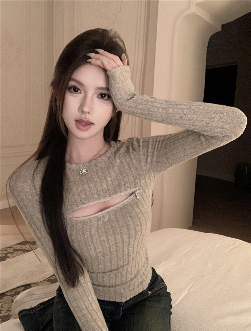 💕氣質柔軟可拉拉鍊圓領針織長袖打底衫