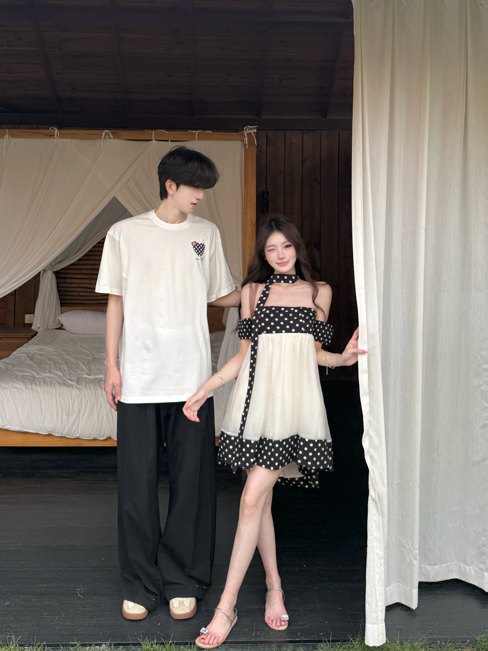💕法式赫本復古點點抹胸連衣裙情侶套裝