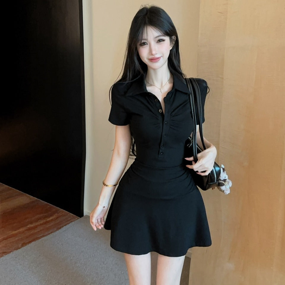 💕顯瘦百搭翻領收腰黑色翻領短袖大擺連衣裙