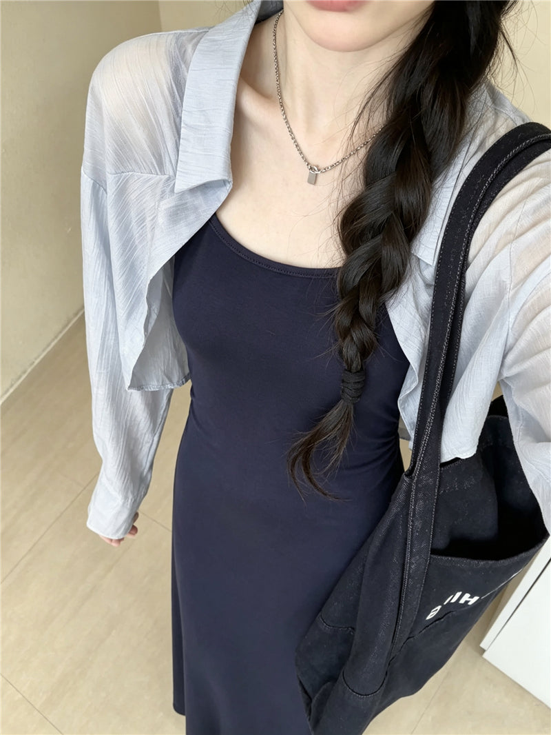 💕百搭休閒清透感藍色開衫連衣裙兩件套