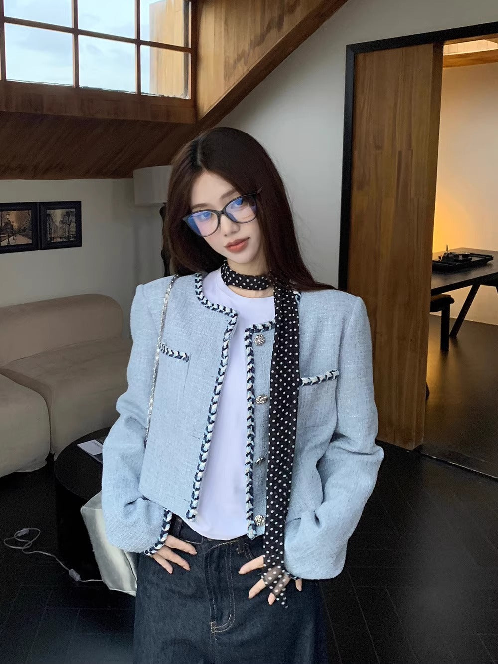 💕名媛小香風粗花呢短款長袖精緻外套