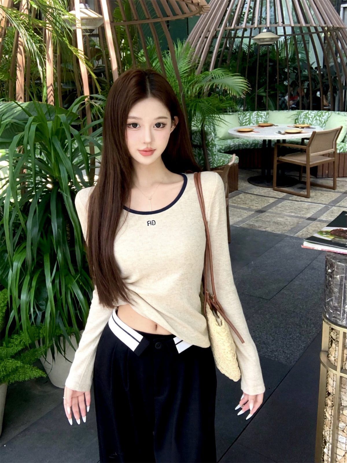 💕韓系簡約百搭圓領字母印花撞色長T