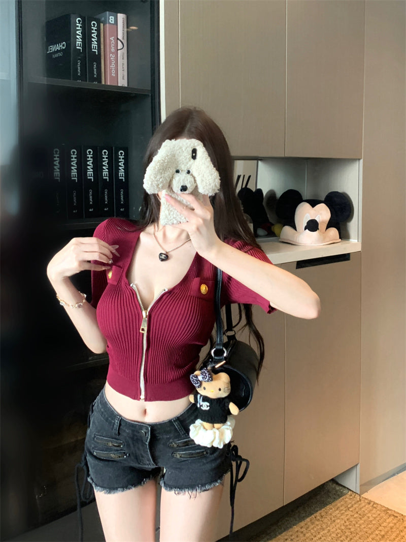 💕法式性感U領短袖拉鍊針織上衣