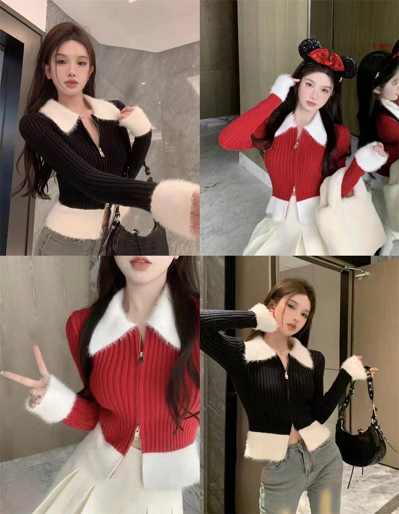 💕氣質短款polo毛毛領針織拉鍊修身上衣