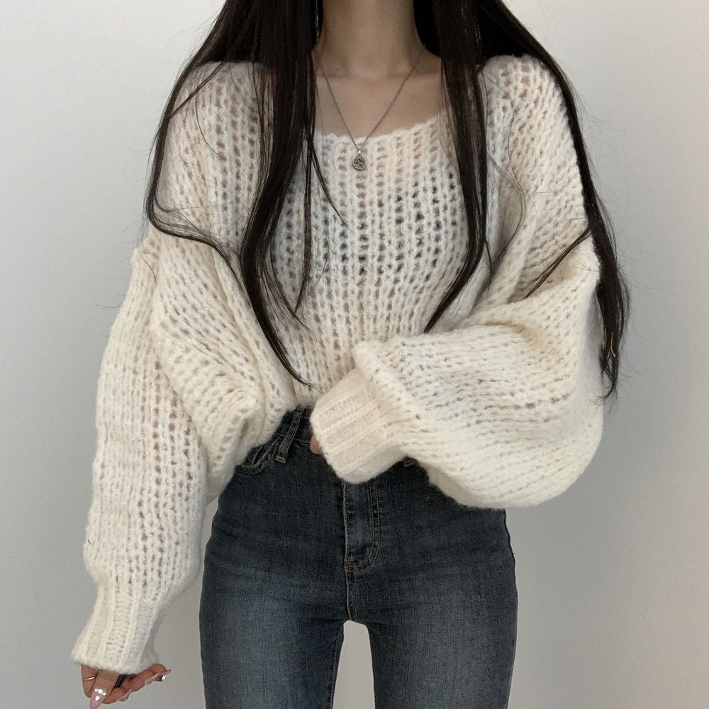 💕韓系chic春秋百搭寬鬆燈籠袖針織上衣