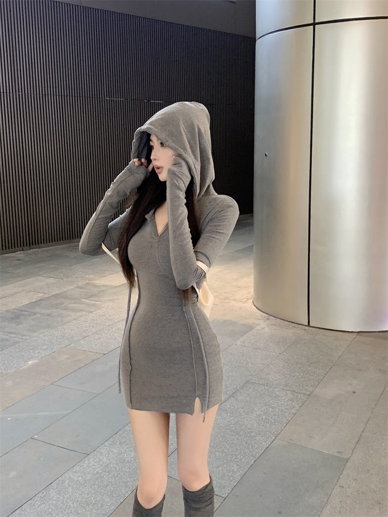 💕秋款連帽長袖收腰緊身包臀裙