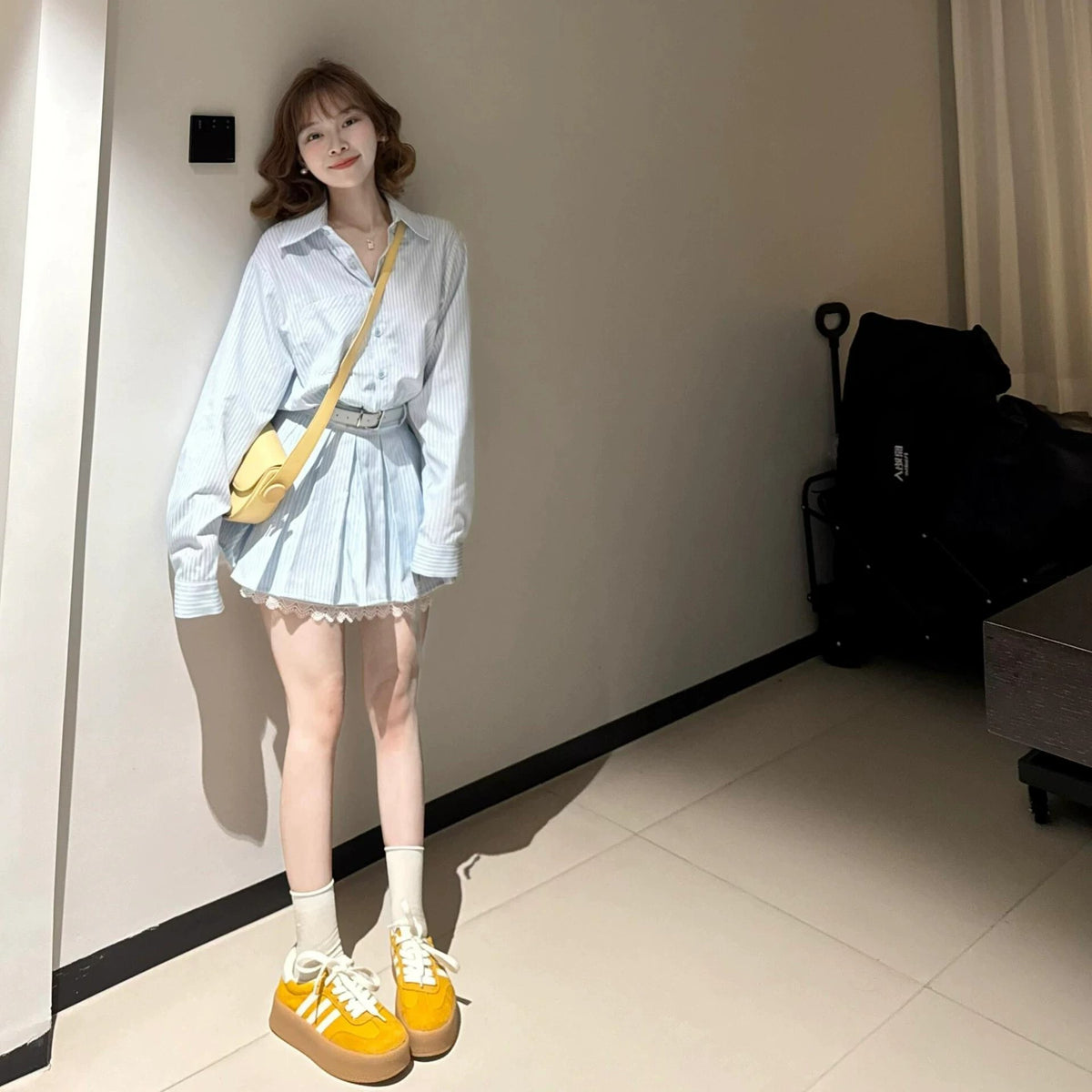 💕蕾絲拼接配腰帶條紋長袖小個子連衣裙