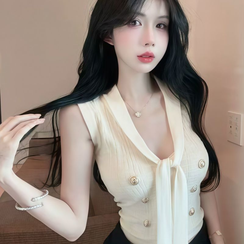 💕法式名媛蝴蝶結飄帶修身無袖上衣