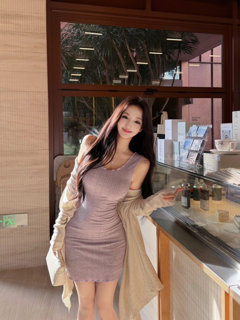 💕簡約百搭圓領吊帶收腰包臀連身裙+開衫