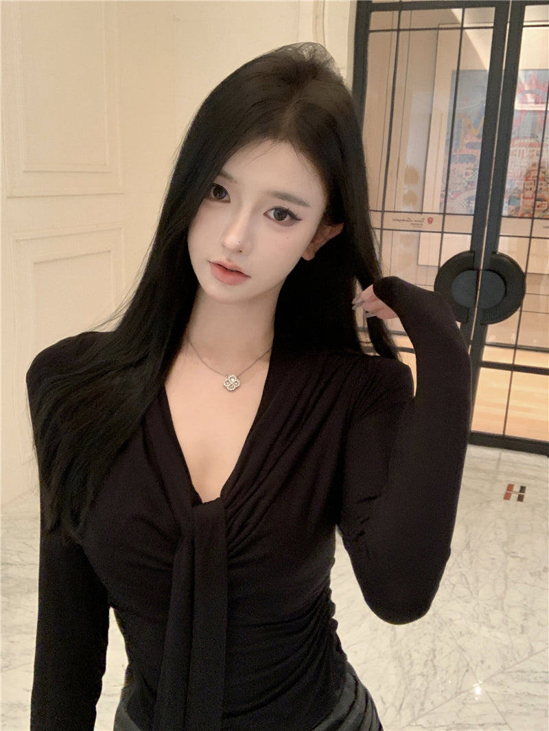 💕韓系設計感褶皺盪領飄帶長袖打底衣
