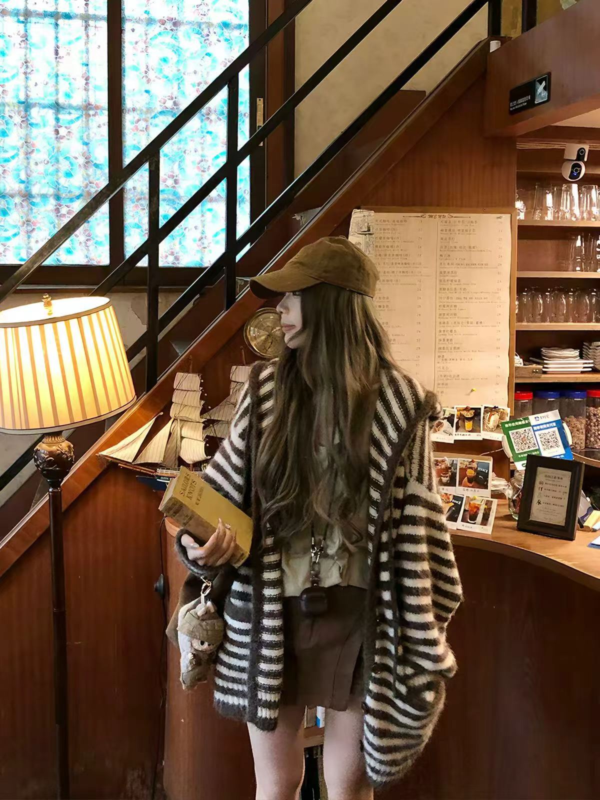 💕韓系慵懶軟糯條紋連帽針織開衫毛衣外套