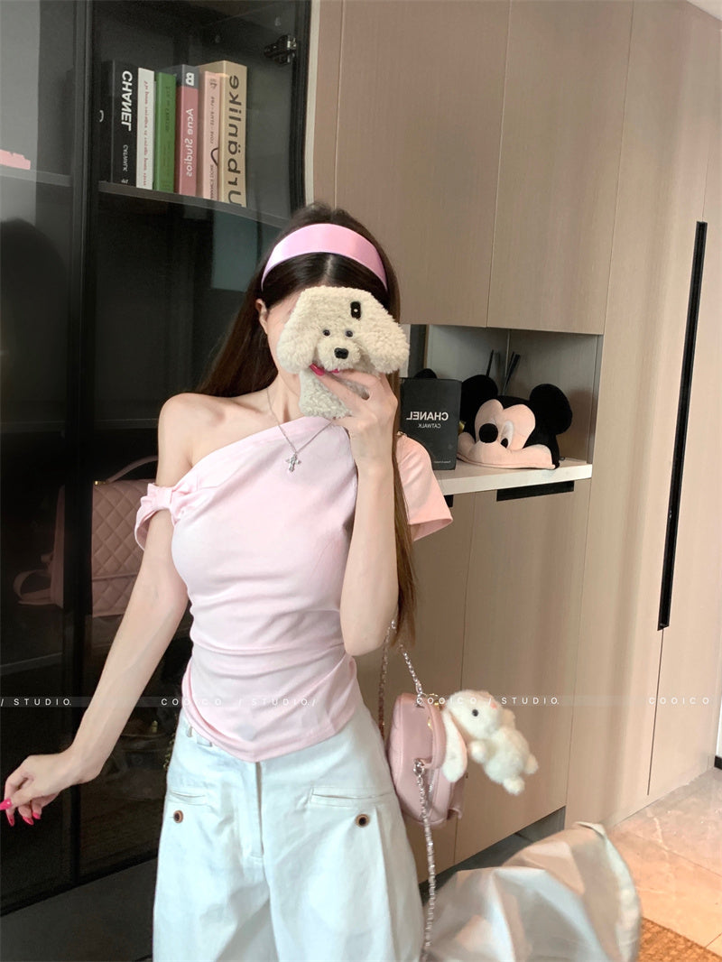 💕粉色短袖簡約斜肩T袖上衣