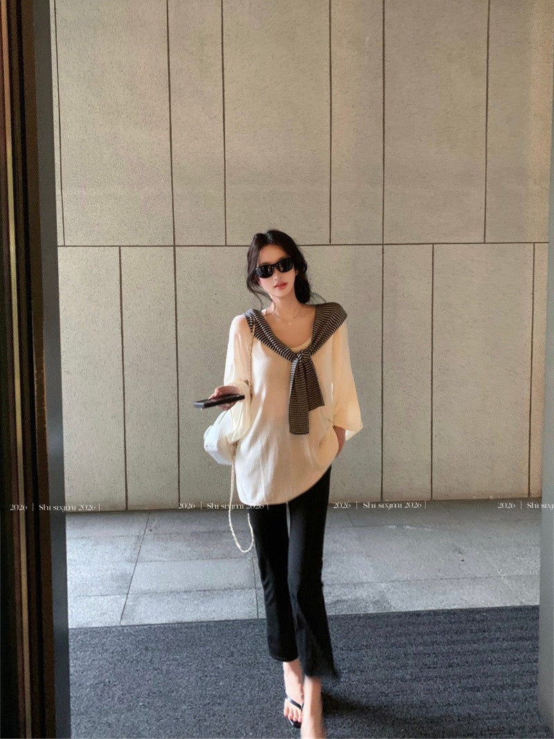 💕百搭條紋披肩深U領中袖T袖+七分微喇叭瑜珈褲