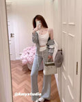💕韓系撞色連帽開衫+吊帶+拼接休閒褲三件套