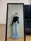 💕小個子淺藍色高腰微喇叭拖地牛仔長褲
