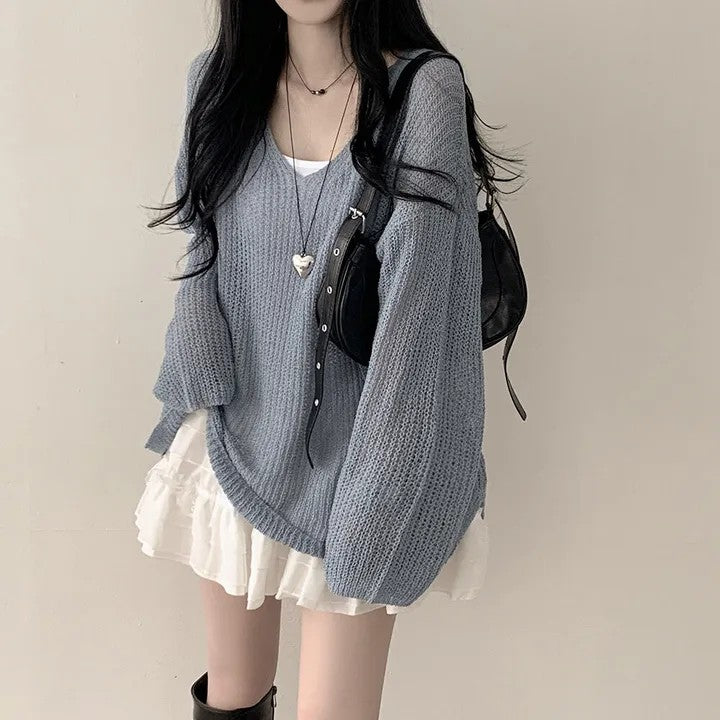 💕韓系寬鬆慵懶V領防曬罩衫針織毛衣