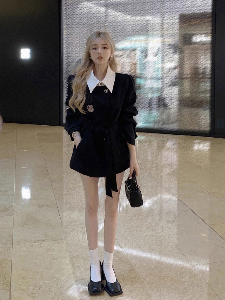 💕春季高級感小香風黑色收腰西服假兩件上衣套裝