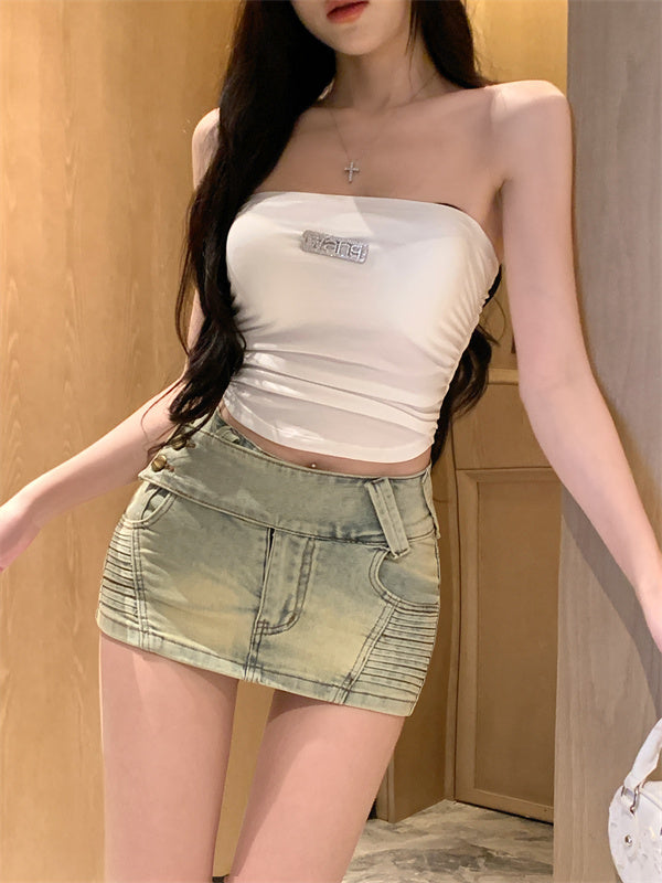 💕不規則緊身彈力刷舊牛仔短裙