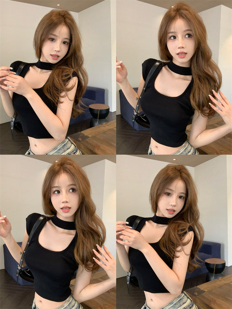💕美式復古辣妹掛脖修身顯瘦短款上衣
