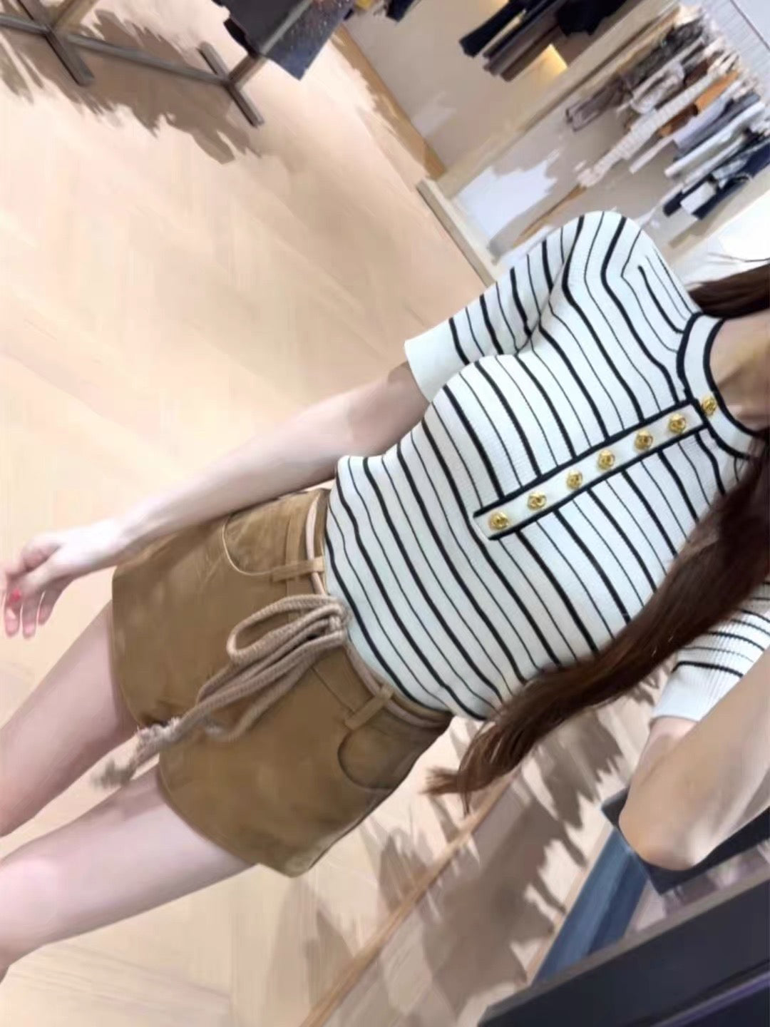 💕韓系撞色條紋金屬扣圓領高級感百搭上衣