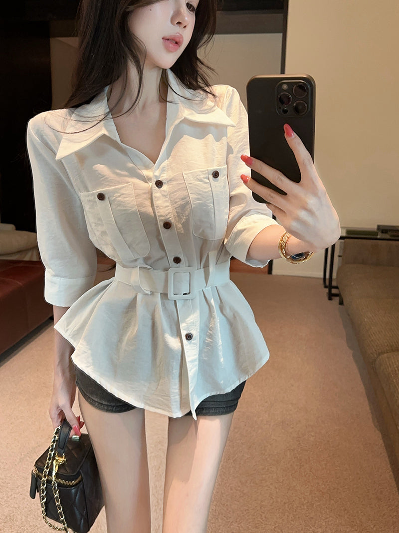 💕港風時尚polo領多口袋七分袖襯衫+腰帶