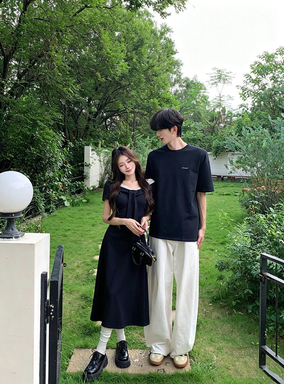 💕夏季法式V領蕾絲系帶假兩件連身裙情侶套裝