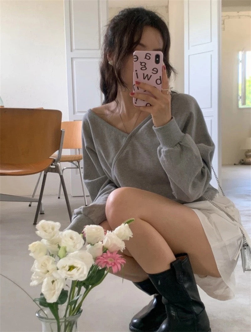 💕韓系露肩不規則休閒純色衛衣