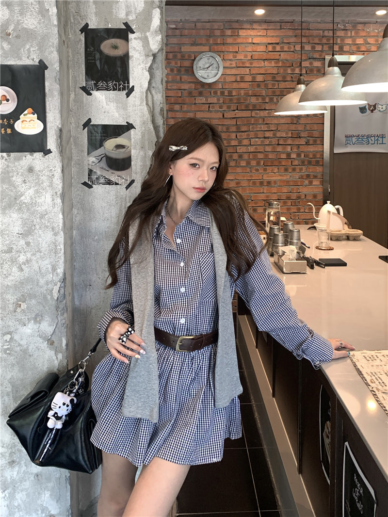 💕韓系格子襯衫連衣裙+連帽披肩配腰帶