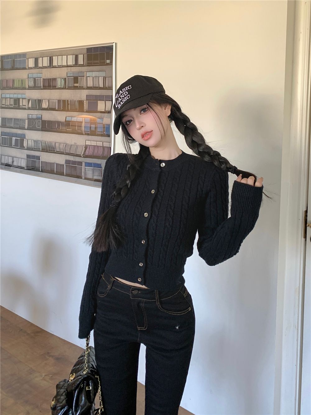 💕簡約休閒黑色短款麻花針織長袖上衣