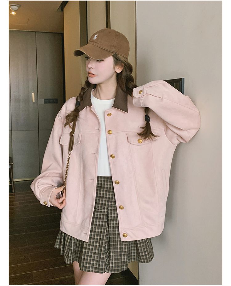 💕韓系甜美溫柔粉色麂皮絨短款休閒夾克外套