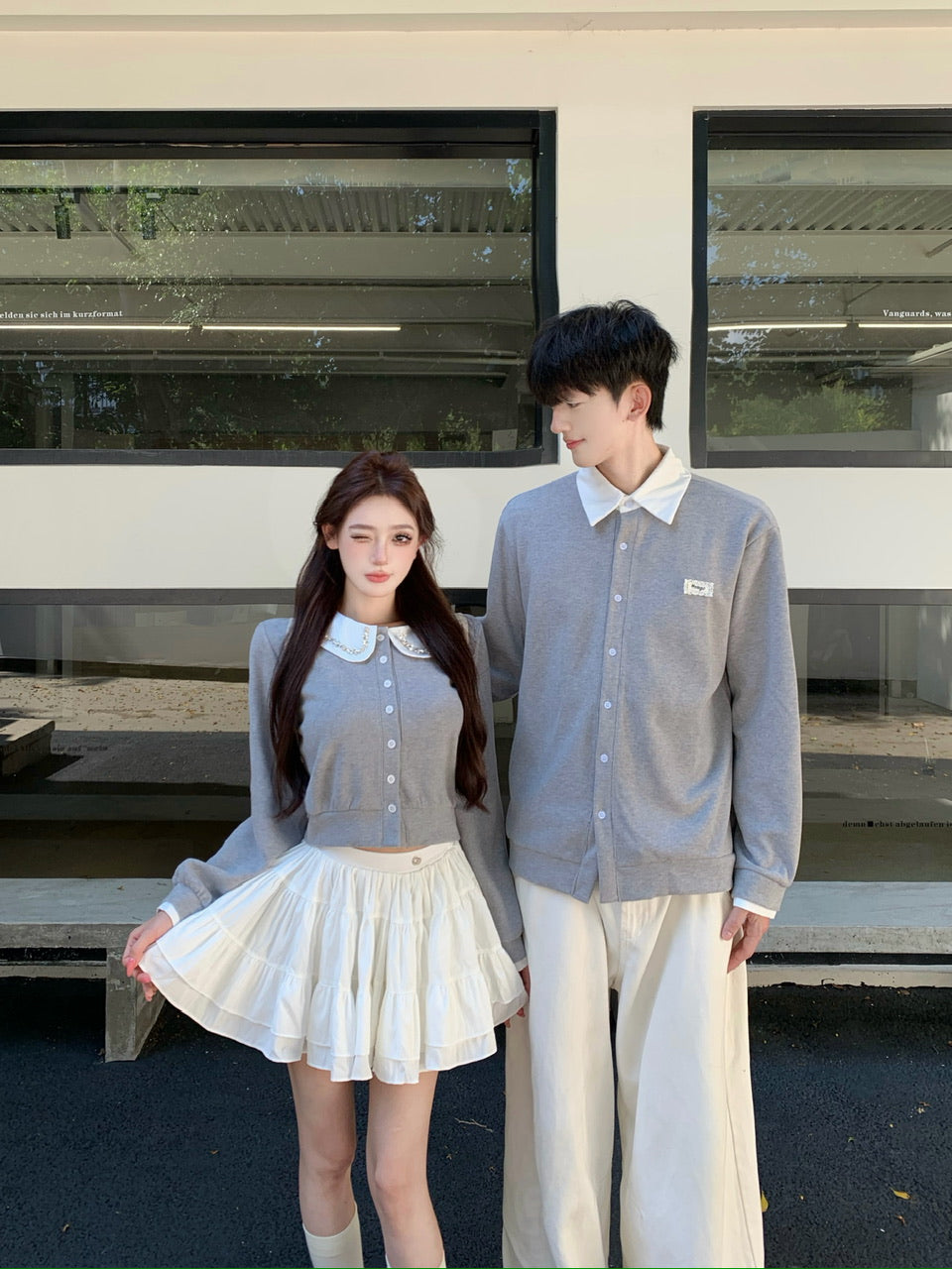 💕富家千金miu系學院娃娃領開衫情侶裝
