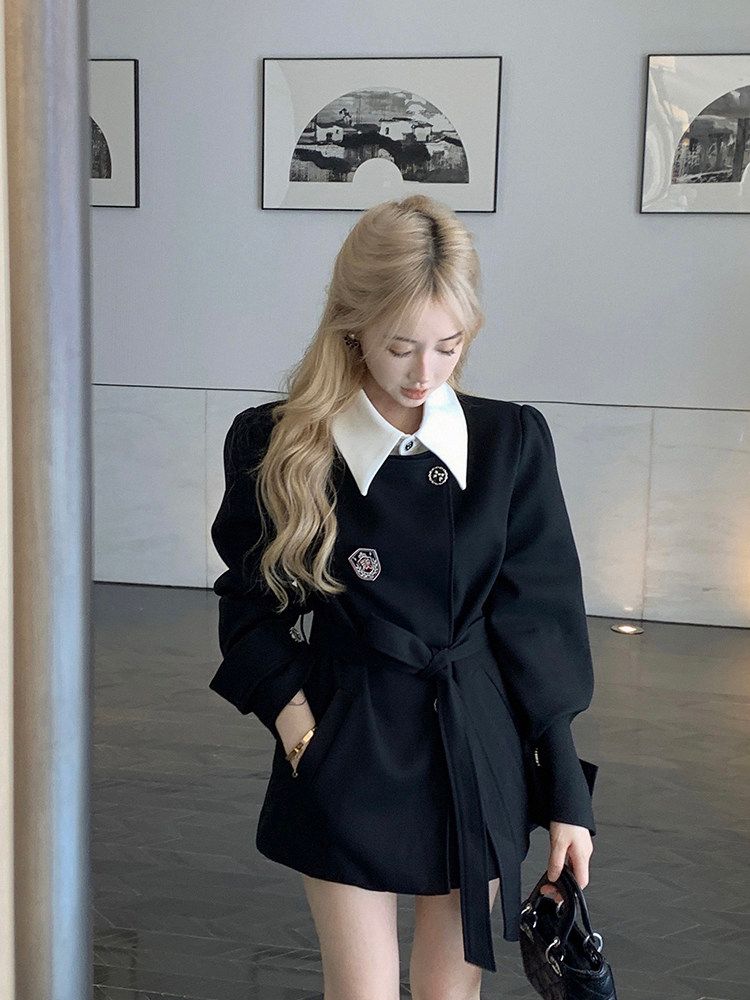 💕春季高級感小香風黑色收腰西服假兩件上衣套裝