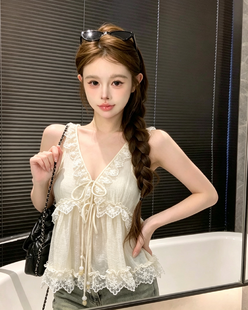 💕法式V領蕾絲拼接系帶無袖背心上衣