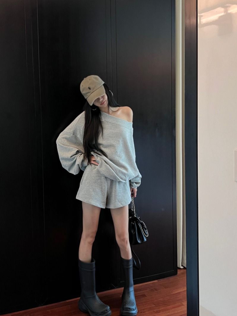 💕韓系慵懶斜肩寬鬆不規則長袖衛衣套裝