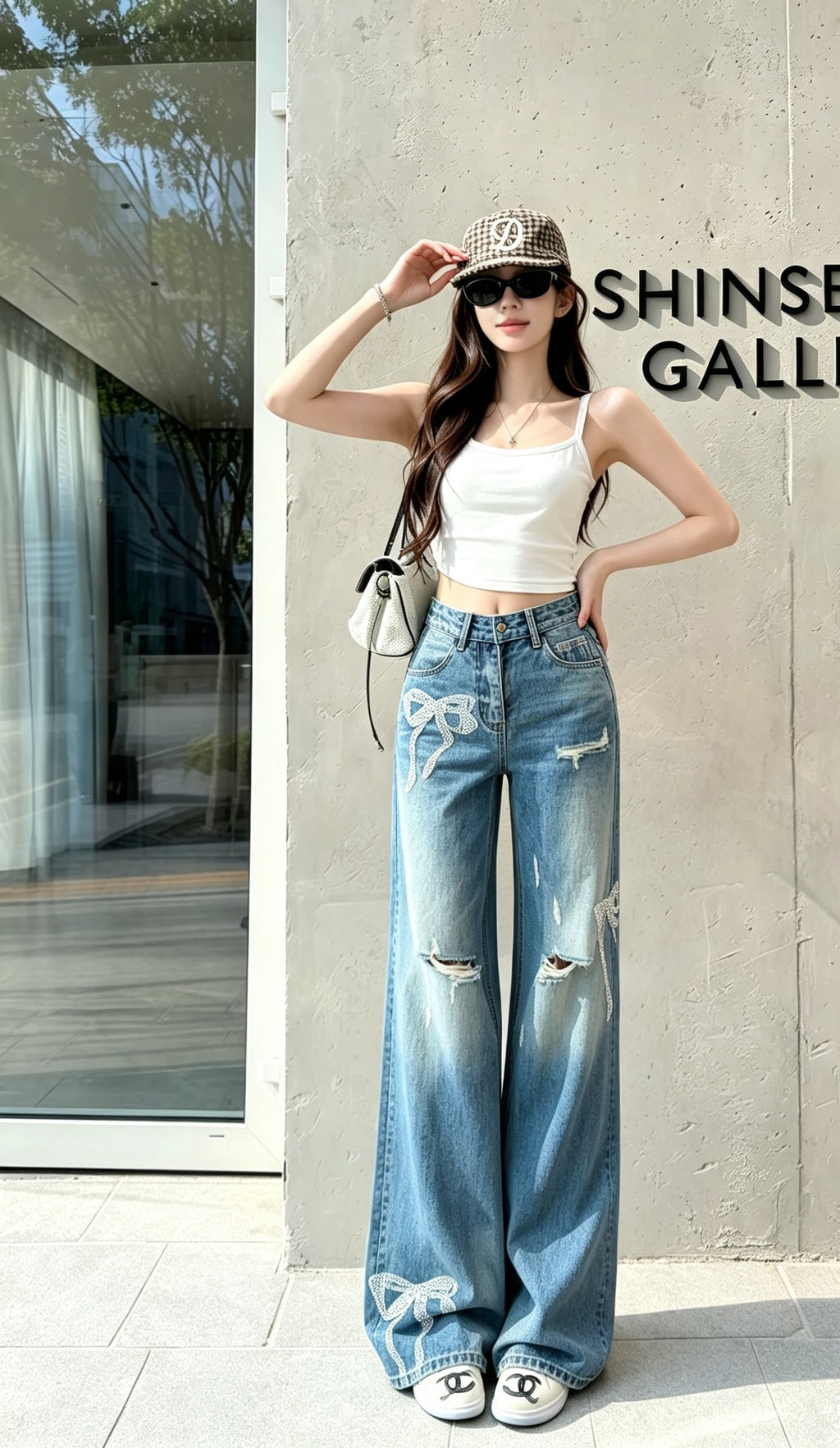 💕韓系蝴蝶結印花燙鑽直筒牛仔顯瘦破洞長褲