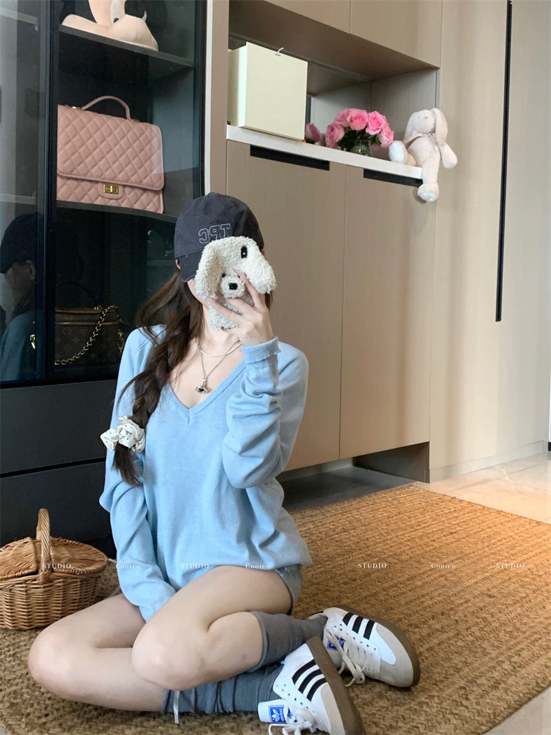 💕寬鬆薄款軟糯柔軟V領針織上衣