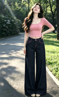 💕氣質設計感粉色線復古闊腿牛仔直口褲