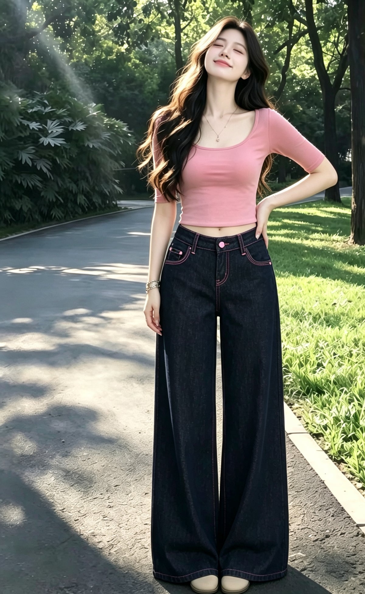 💕氣質設計感粉色線復古闊腿牛仔直口褲