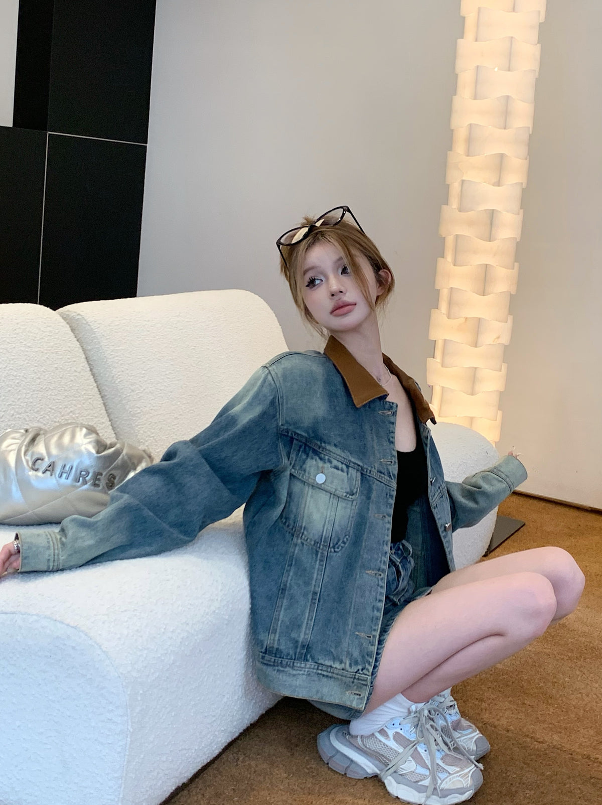💕辣妹風牛仔外套配高腰牛仔短裙兩件套