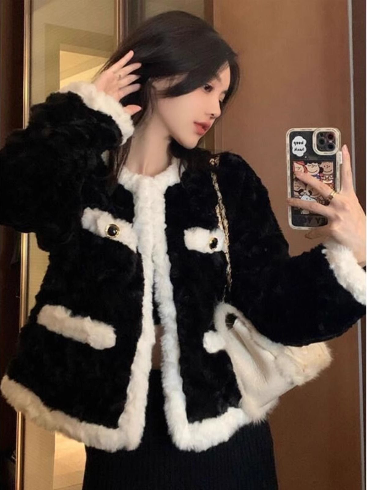 💕韓系毛茸茸黑色羊羔毛絨外套