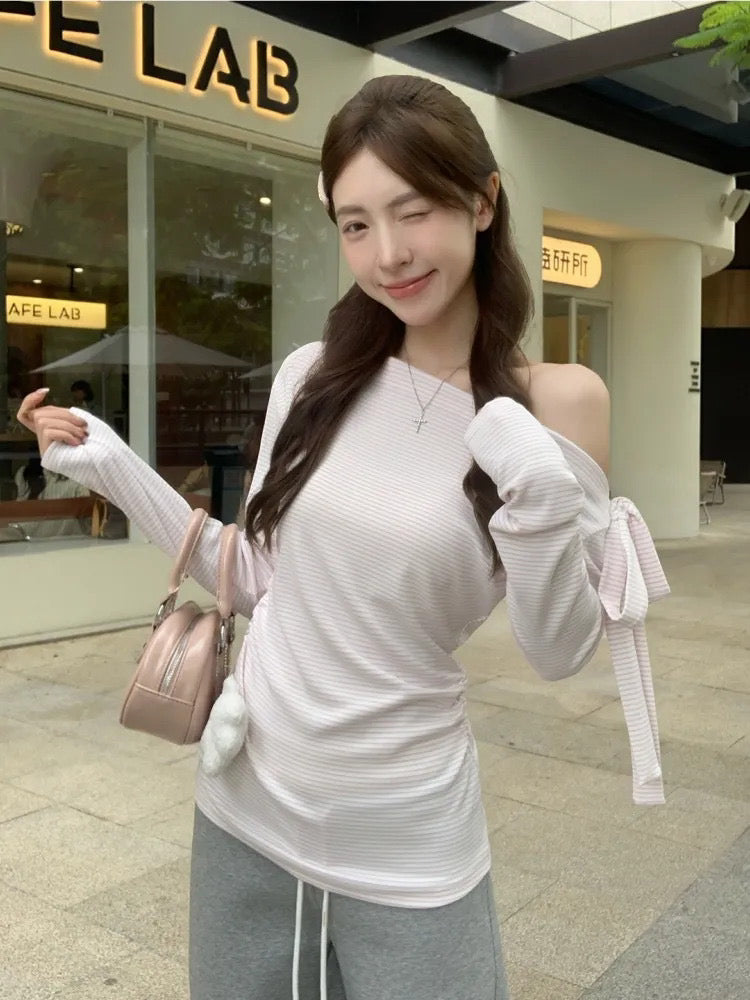 💕溫柔條紋露肩綁帶設計上衣