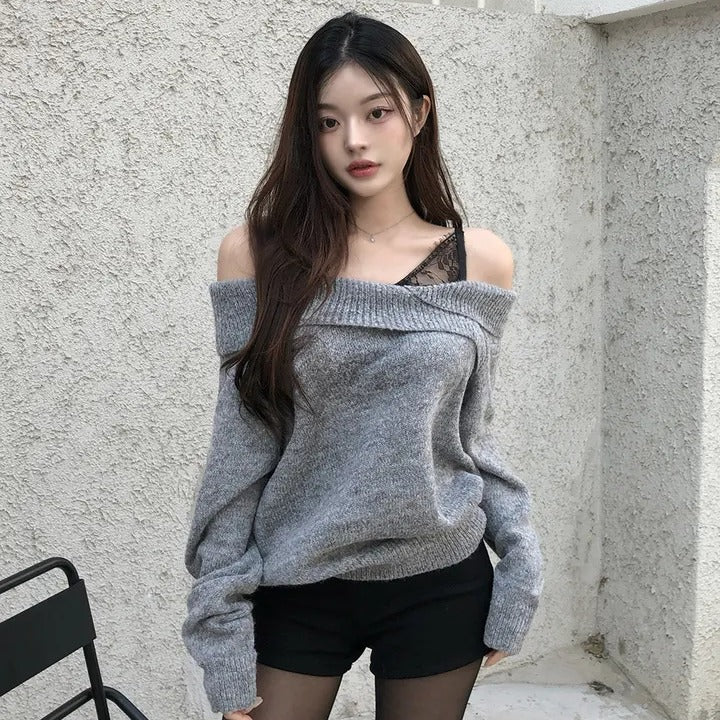 💕chic秋季假兩件蕾絲花邊打底一字肩針織上衣