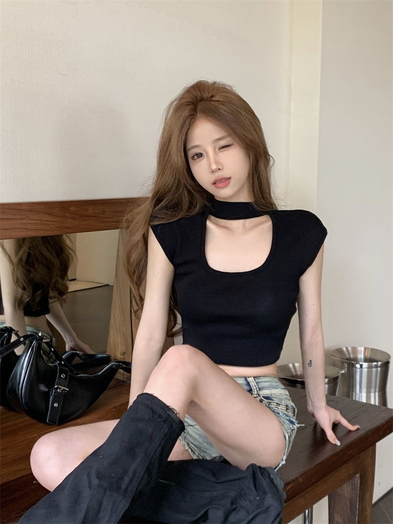 💕美式復古辣妹掛脖修身顯瘦短款上衣