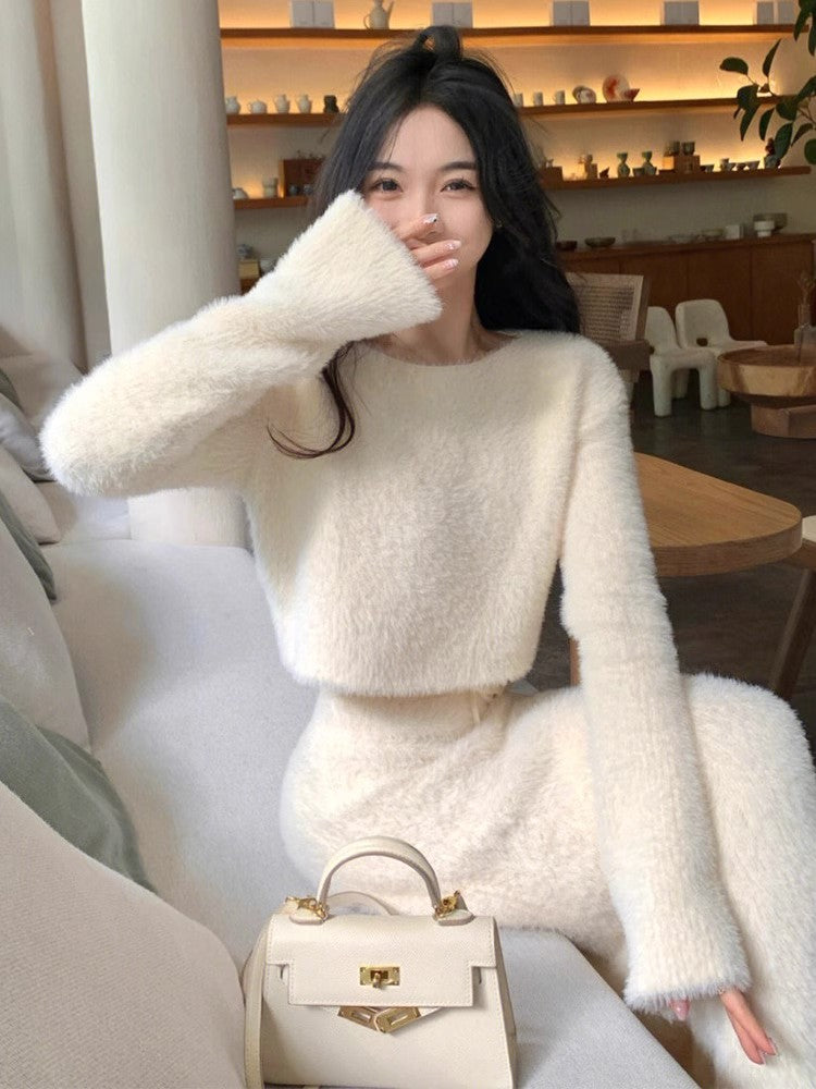 💕高級軟糯小香風仿水貂毛針織半身裙兩件套
