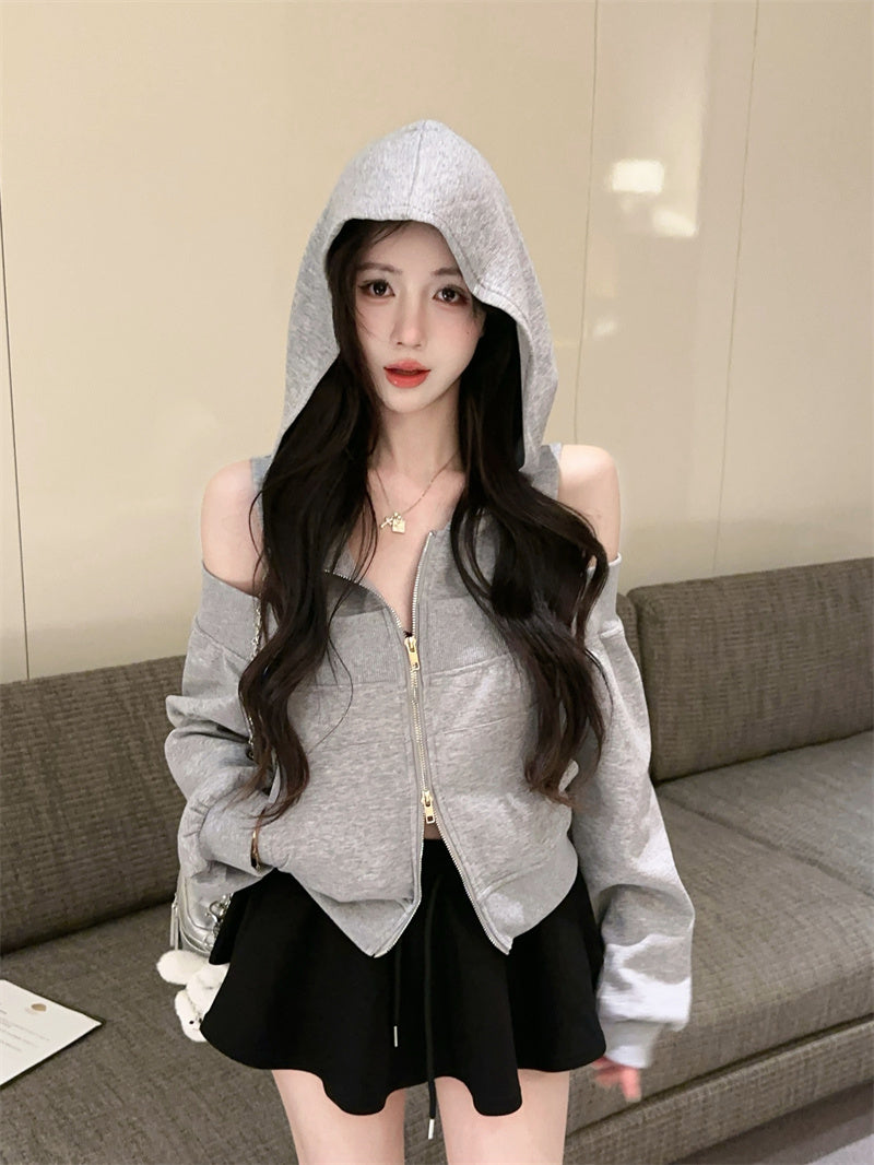 💕韓版個性露肩高檔連帽衛衣外套
